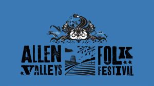 Part of a post for the Allen Valleys Folk Festival: blue background with a black illustrated logo above the festival name and a stylised field scene including the Allendale chimney.